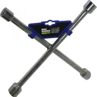 Chave de cruz em metal cromado com etiqueta azul MAC POWER