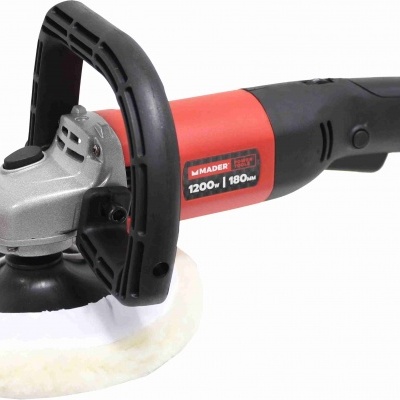 Politriz elétrica preta e vermelha com disco de polimento branco