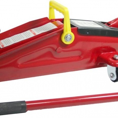 Macaco hidráulico vermelho com rodas e alavanca