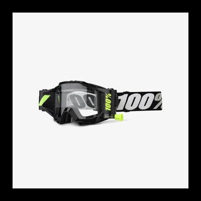 Óculos de proteção pretos com lente transparente e faixa preta com texto 100% em branco e amarelo.