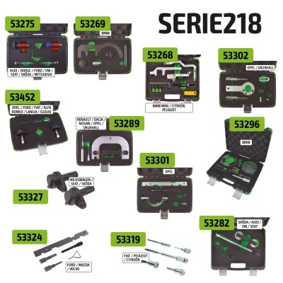 Ferramentas e peças para automóveis organizadas em placas pretas rotuladas com marcas e códigos da SERIE218