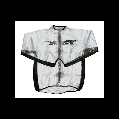 Capa de chuva cinza prateada com detalhes pretos e texto X-FIGHT.