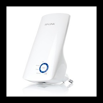 Extensor de rede TP-LINK branco com luz azul circular e texto indicador.