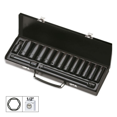 Conjunto de soquetes em caixa metálica preta com peças em metal preto