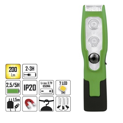 Lanterna portátil verde e preta com botões e luzes LED