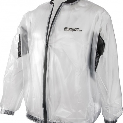 Casaco transparente branco com fecho preto e detalhes em malha preta