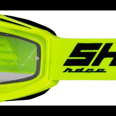 Óculos de proteção amarelo fluorescente com faixa elástica e texto preto SHOT rider gear