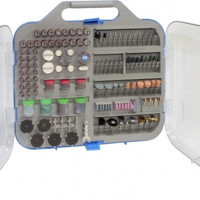 Estojo cinza com acessórios para ferramentas rotativas e tampa transparente aberta