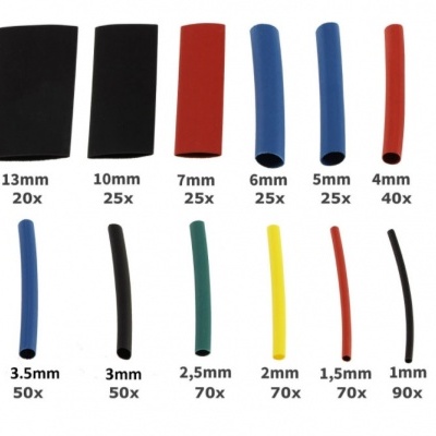 Tubos termorretráteis de várias cores e tamanhos com etiquetas de diâmetro e quantidade