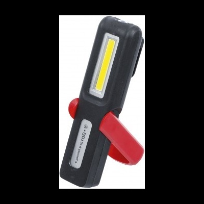 Lanterna portátil preta com luz LED amarela e suporte vermelho