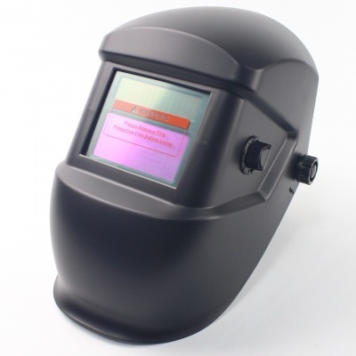 Mascarilha de soldadura preta com visor retangular e texto de advertência