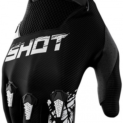 Luva preta para motociclismo com texto SHOT e detalhes gráficos brancos
