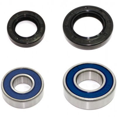 Quatro peças industriais: dois anéis de borracha preta e dois rolamentos metálicos com selo azul.