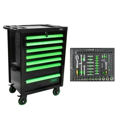 Móvel de ferramentas preto com gavetas verdes e ferramentas organizadas