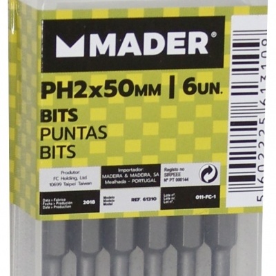 Conjunto de 6 bits PH2 da marca MADER em estojo plástico transparente com etiqueta amarela e preta