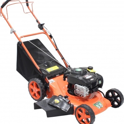 Máquina de cortar relva motorizada laranja com saco coletor preto e motor detalhado