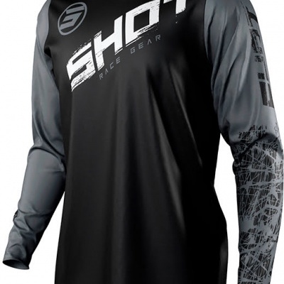 Camisola desportiva preta com mangas cinzentas e texto Branco