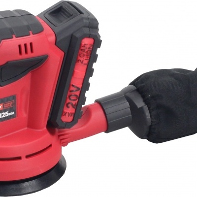 Lixadora orbital vermelha e preta com aspirador acoplado e bateria removível