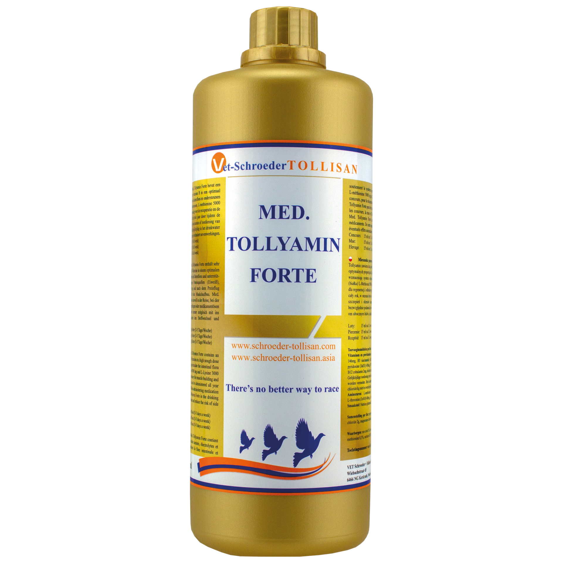 Tollisan Med. Tollyamin Forte Frasco dourado de plástico com rótulo MED. TOLLYAMIN FORTE e textos informativos