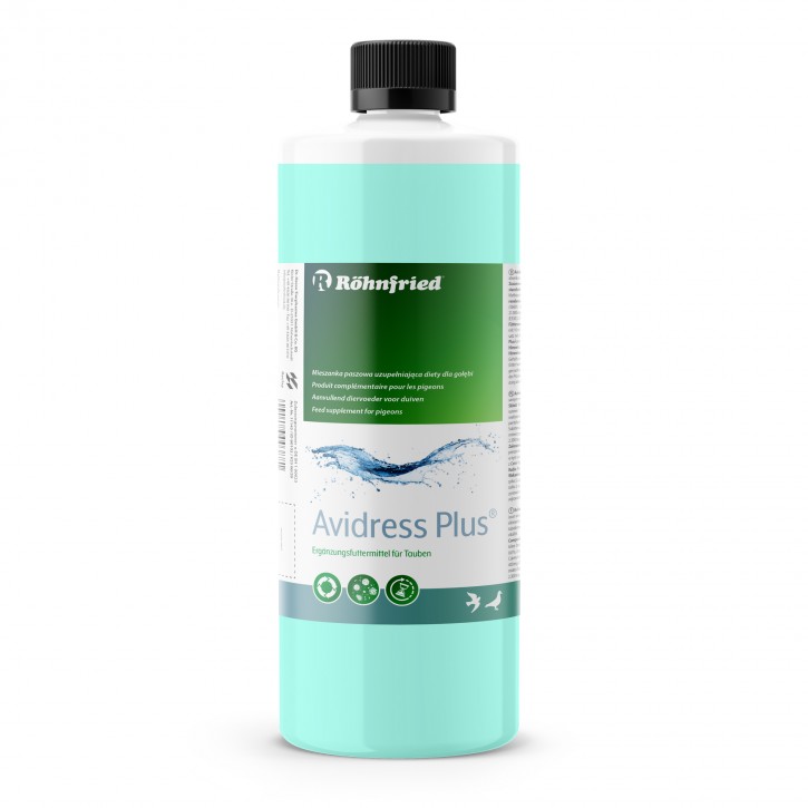Röhnfried Avidress Plus Frasco plástico azul claro com rótulo branco e verde do produto Avidress Plus