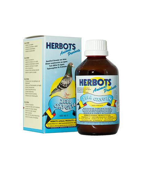 Herbots Zell Oxygen (Oxigénio celular) Frasco de suplemento Herbots Zell Oxygen com caixa, para animais, com imagem de pombo no rótulo.