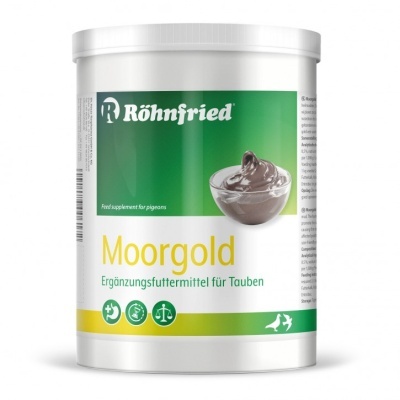 Recipiente de suplemento alimentar para pombos Röhnfried Moorgold com rótulo verde e amarelo