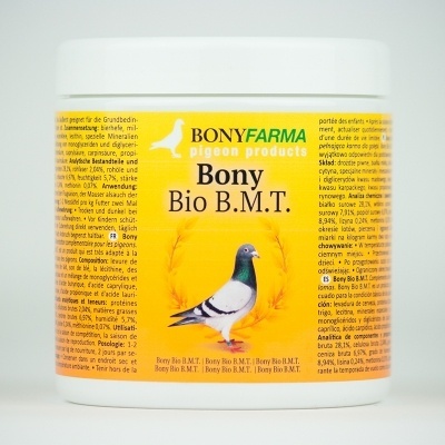 Embalagem branca de suplemento para pombos Bony Bio B.M.T. com rótulo amarelo e imagem de pombo