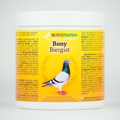 Frasco branco com suplemento Bony Biergist com rótulo amarelo e imagem de pomba