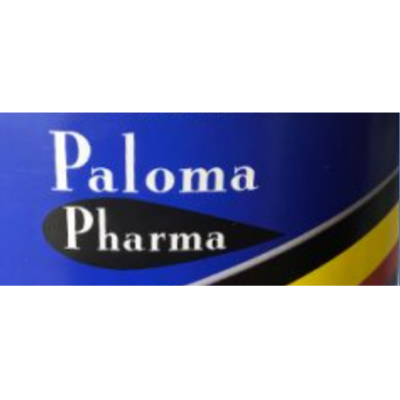 Embalagem azul com texto Paloma Pharma e detalhes em preto e amarelo