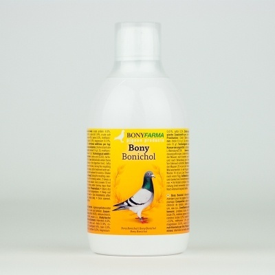 Frasco branco com rótulo amarelo e imagem de um pombo