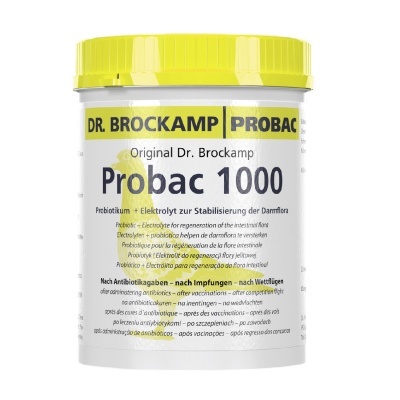 Embalagem branca do suplemento Probac 1000 com tampa amarela