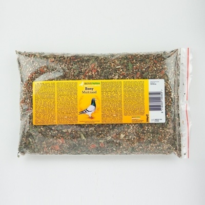 Pacote transparente com sementes para pássaros e etiqueta amarela com imagem de pombo