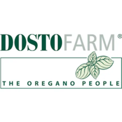 Logotipo DOSTO FARM com texto e ilustração de folhas de orégano