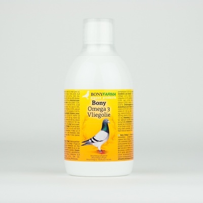 Frasco de óleo Omega 3 para pombos com rótulo amarelo e imagem de um pombo