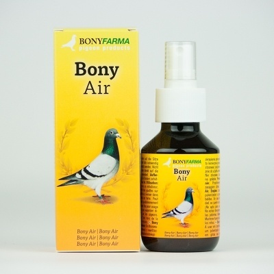 Frasco de spray e embalagem Bony Air com imagem de pomba