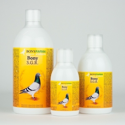 Três frascos de produtos com rótulos amarelos e imagem de pombo