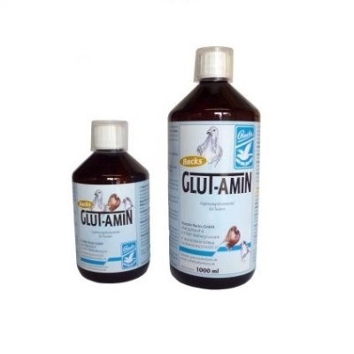 Duas embalagens de suplemento para aves Glui-Amin com rótulos brancos e azuis