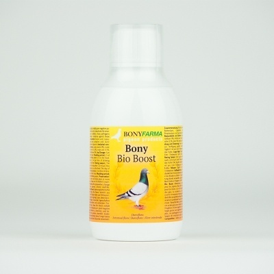 Frasco branco com rótulo amarelo com texto e imagem de pombo, produto Bony Bio Boost