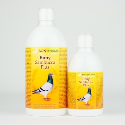 Duas garrafas brancas com etiquetas amarelas Bony Sambuca Plus BONY FARMA e imagem de pombo em fundo branco.