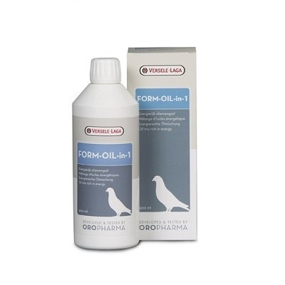 Frasco branco com rótulo azul e caixa do FORM-OIL-in-1 para pombos da Versele-Laga