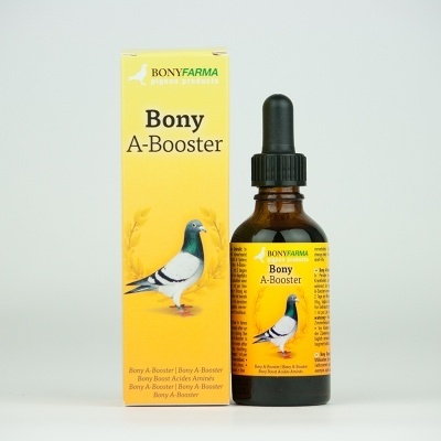 Frasco âmbar com conta-gotas e caixa amarela do suplemento Bony A-Booster com imagem de pombo.