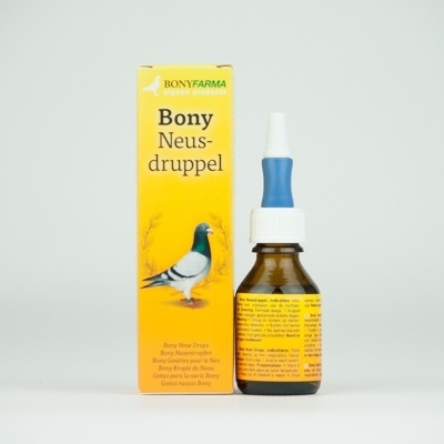 Frasco e embalagem do produto Bony Neus-druppel com imagem de pombo.