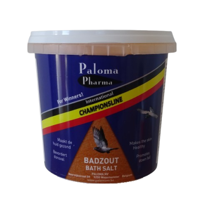 Recipiente azul de sal de banho Paloma Pharma Badzout com tampa branca e rótulo multicolorido