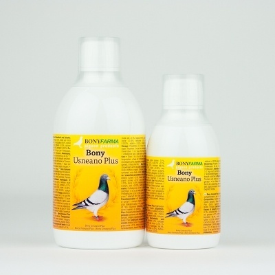 Duas garrafas brancas com etiquetas amarelas e imagem de pombo