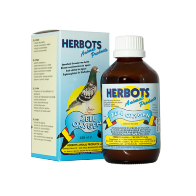 Frasco de suplemento Herbots Zell Oxygen com caixa, para animais, com imagem de pombo no rótulo.