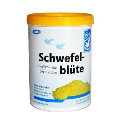 Recipiente branco com tampa amarela e rótulo azul e preto com texto em alemão e imagem de pó amarelo