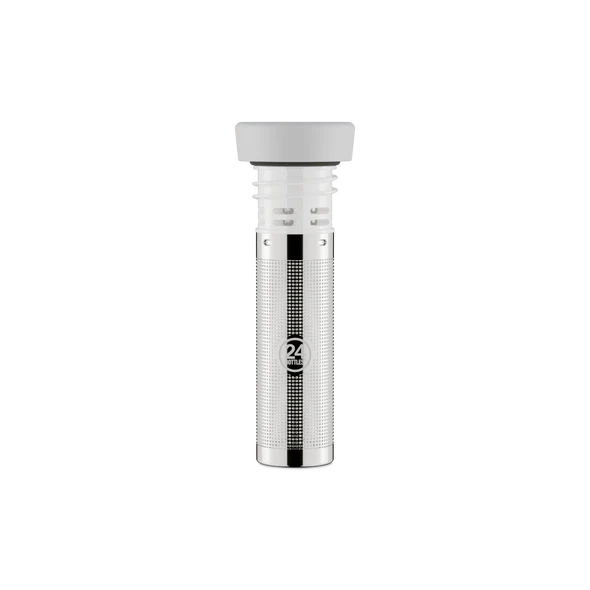 Filtro para garrafa em aço inox e plástico branco com texto 24 BOTTLE