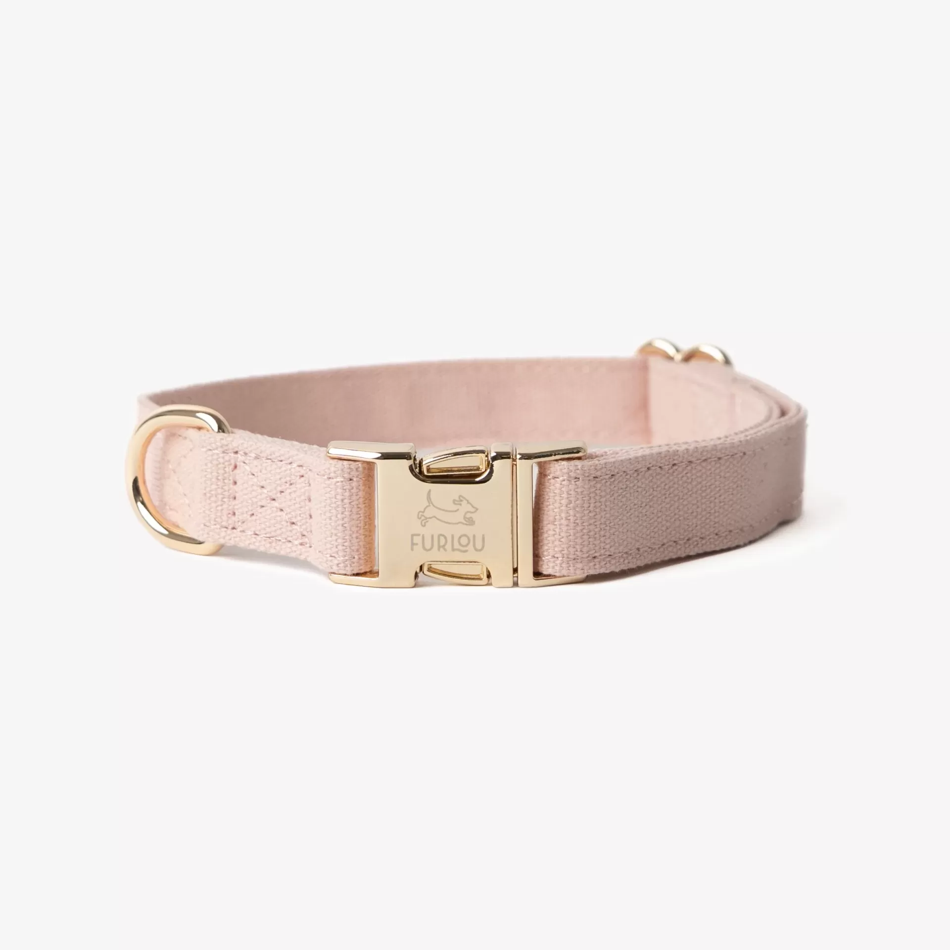 Coleira para cão cor bege com fecho metálico dourado e logo FURLDU