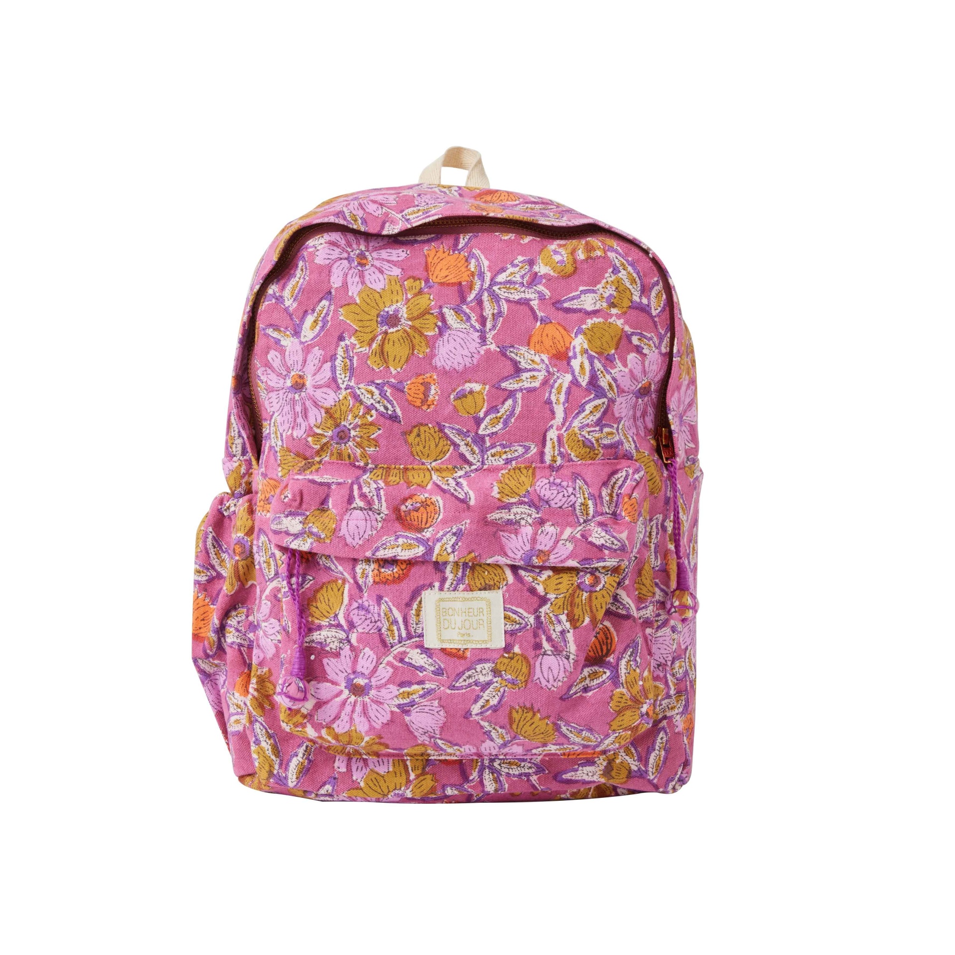 Mochila rosa com padrão floral e etiqueta BONHEUR DU JOUR PARIS