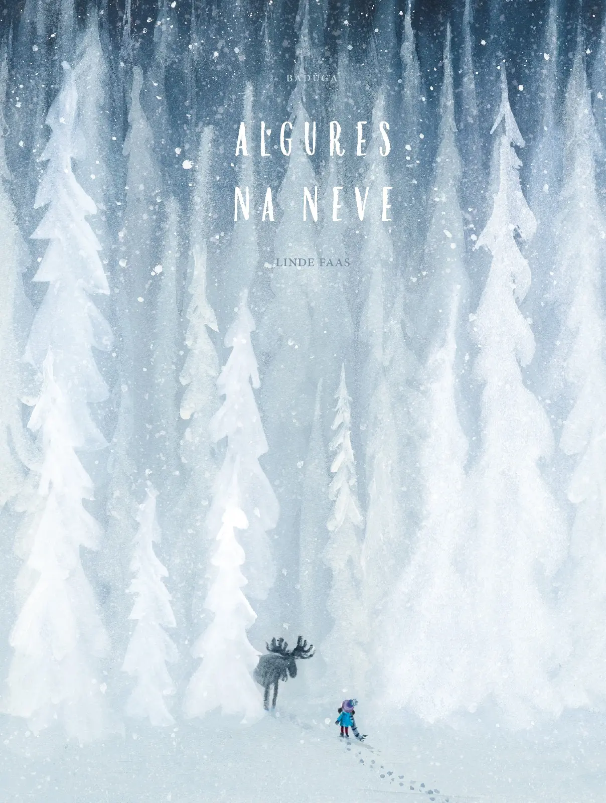 Ilustração de capa de livro com floresta de árvores brancas na neve, alce e criança, texto ALGURES NA NEVE.
